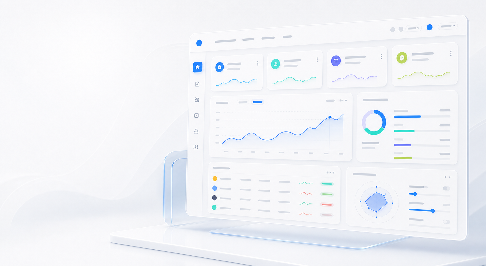 Mockup limpo de dashboard SaaS com gráficos, carteira e controles de risco